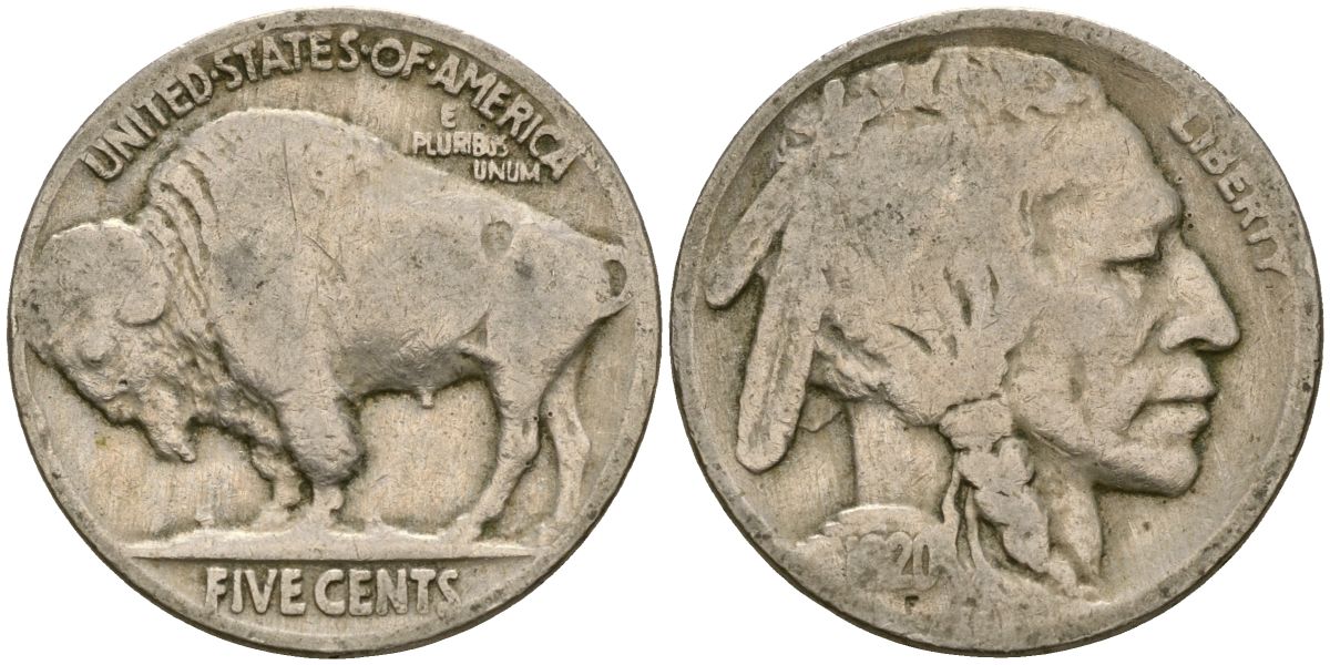 США 5 центов 1920 индеец, бизон KM 134 медно-никель 4135-424