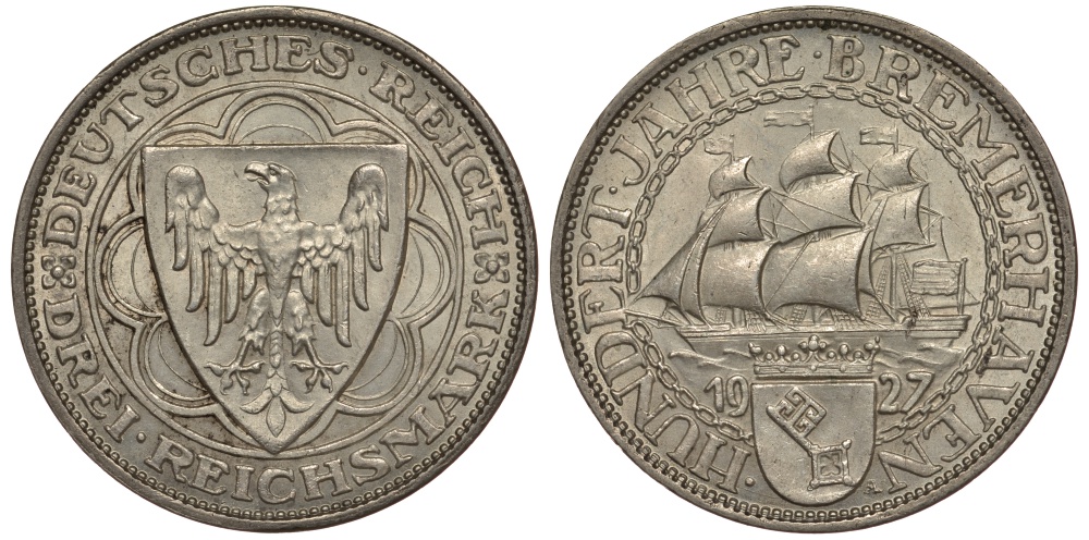 Германия 3 марки 1927 A, 100 летие основания Бремерхафена J. 325, KM 50 серебро 00-804-67