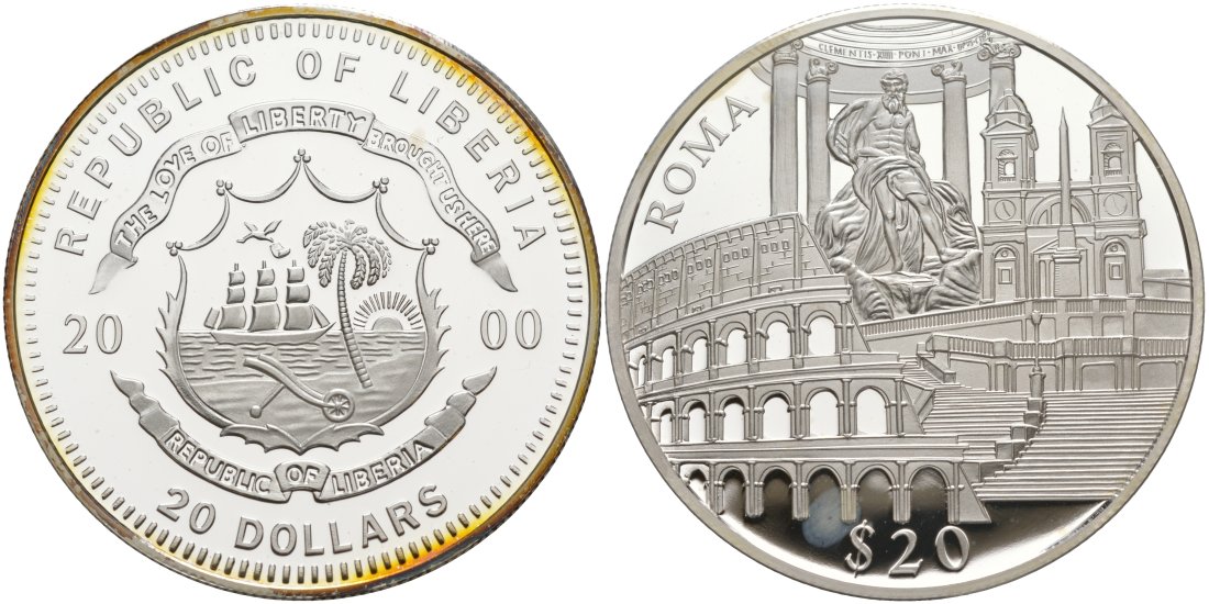 Либерия 20 долларов 2000 серия памятники архитектуры, Рим KM 641 серебро PROOF 02-056-31