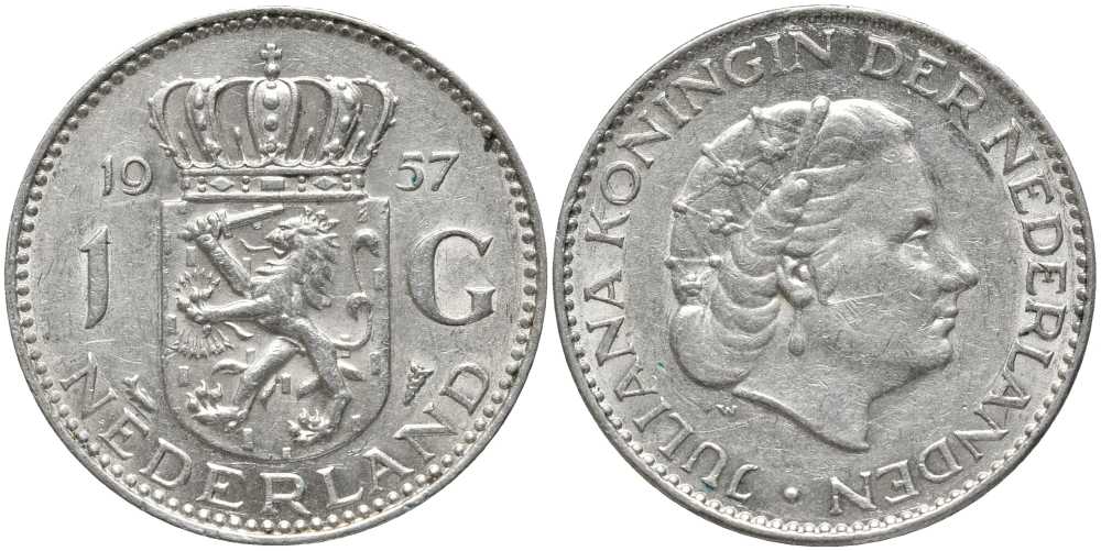 Нидерланды 1 гульден 1957 Юлиана (1948-1980) KM 184 серебро 202-555