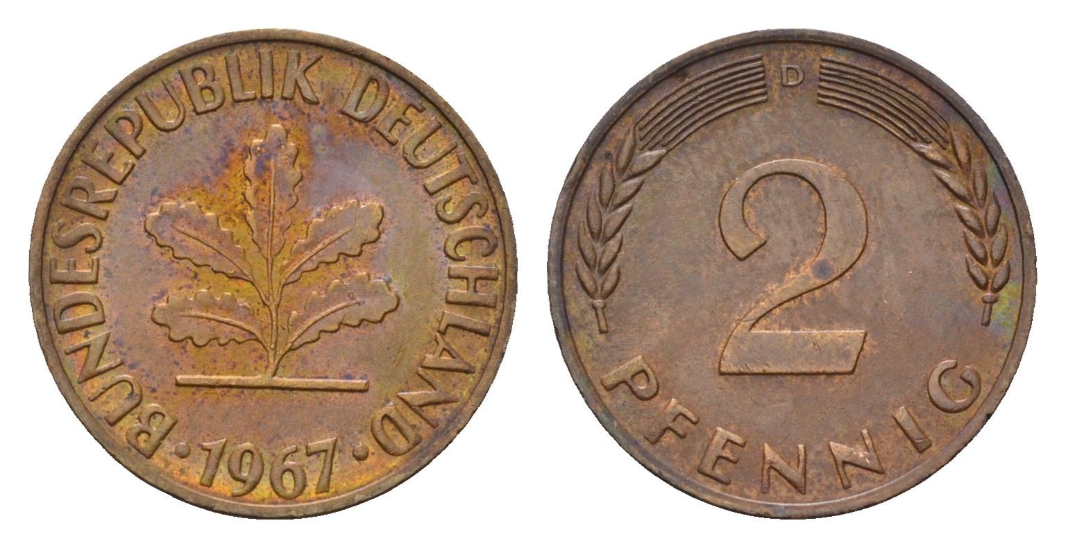 ФРГ 2 пфеннига 1967 D KM 106, J. 381 бронза 4682-1121