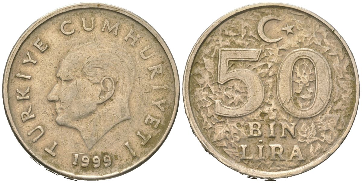 Турция 50000 лир 1999 Кемаль Ататюрк KM 1056 медь цинк никель 4582-522