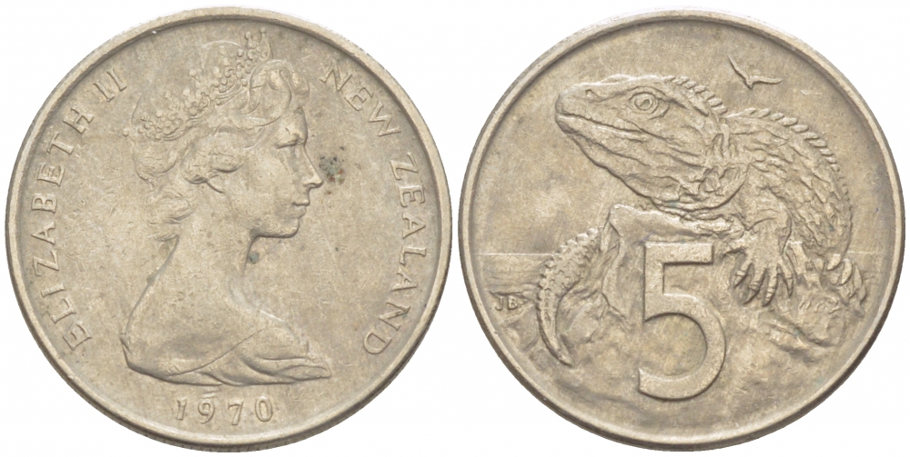 Новая Зеландия 5 центов 1970 Елизавета II (1952-2022), ящерица гаттерия KM 34.1 медно-никель 214-847