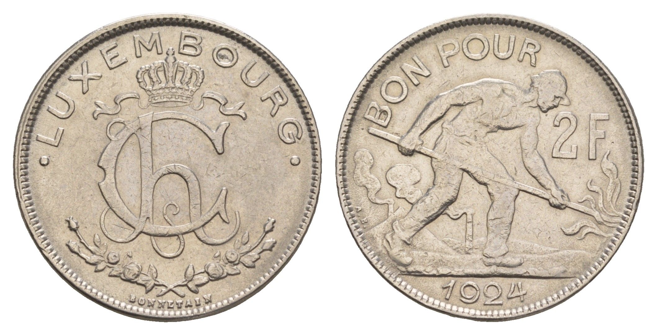 Люксембург 2 франка 1924 Шарлотта (1918-1964), год-тип KM 36 никель 4657-1146