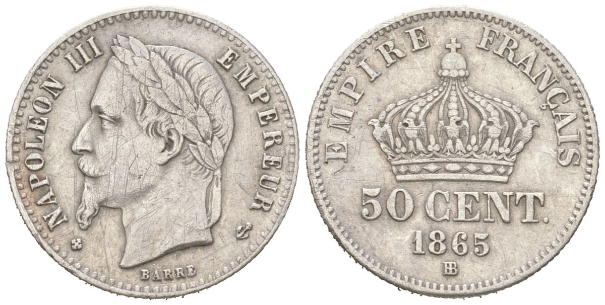 Франция 50 сантимов 1865 BB, Наполеон III (1852-1870) KM 814.2 серебро 4617-746