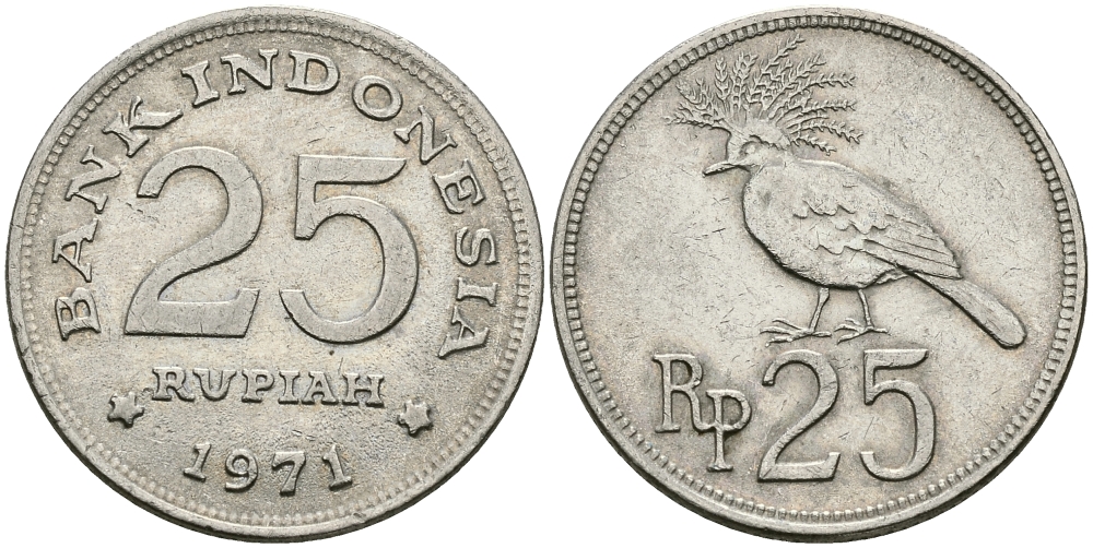 Индонезия 25 рупий 1971 венценосный голубь KM 34 медно-никель 177-1453