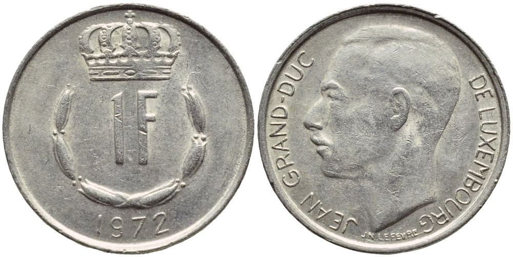 ЛЮКСЕМБУРГ 1 ФРАНК 1972 ВЕЛИКИЙ ГЕРЦОГ ЖАН KM 55 медно-никель 4397-446