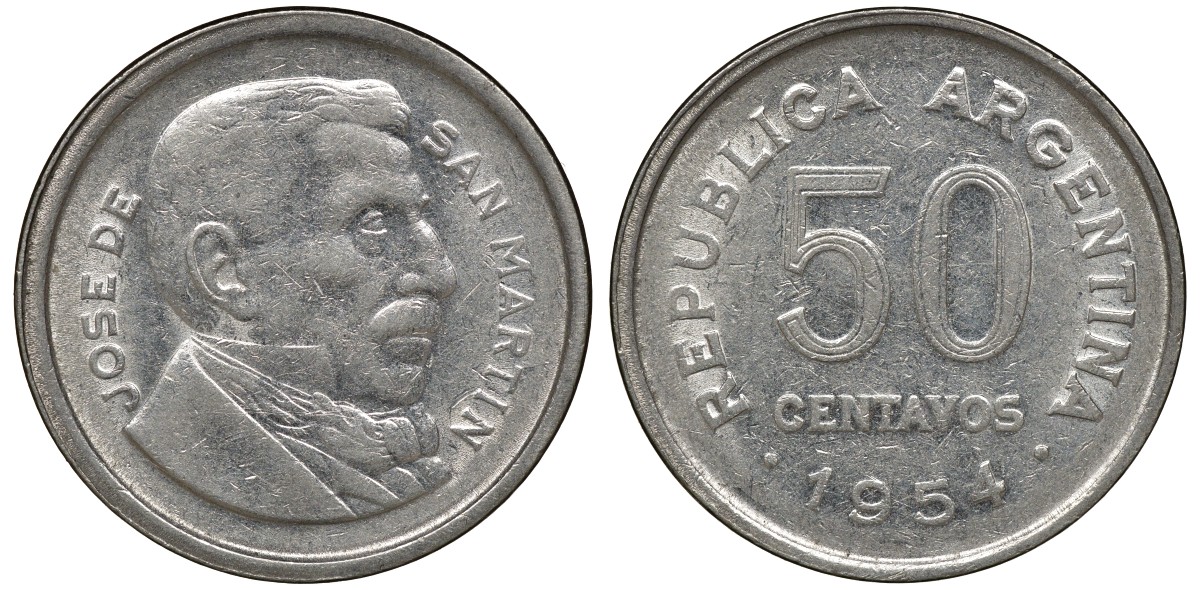 Аргентина 50 сентаво 1954 генерал Хосе де Сан Мартин KM 49 сталь плакированная никелем 4163-455