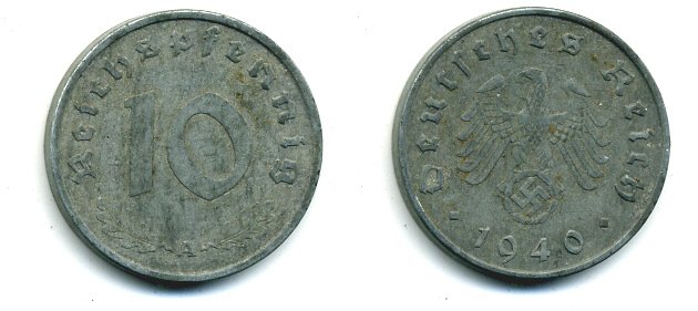 ГЕРМАНИЯ 10 РЕЙХСПФЕННИГОВ 1940 A, KM 101, J. 371 цинк 46-1758