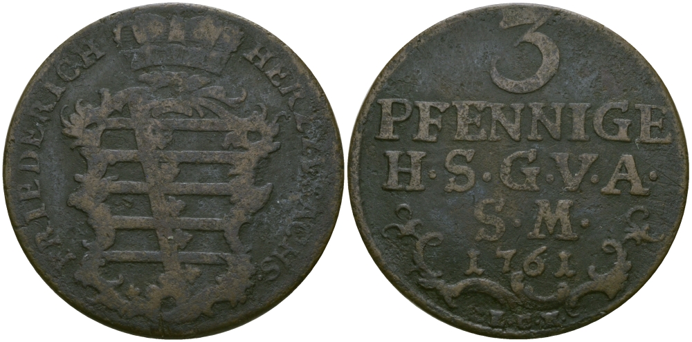 САКСЕН-ГОТА-АЛЬТЕНБУРГ 3 ПФЕННИГА 1761 KM 10 медь 65-616