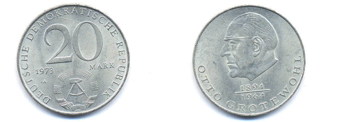 ГДР 20 марок 1973 А, Отто Гротеволь (1894-1964) KM 47 медно-никель 3333-434