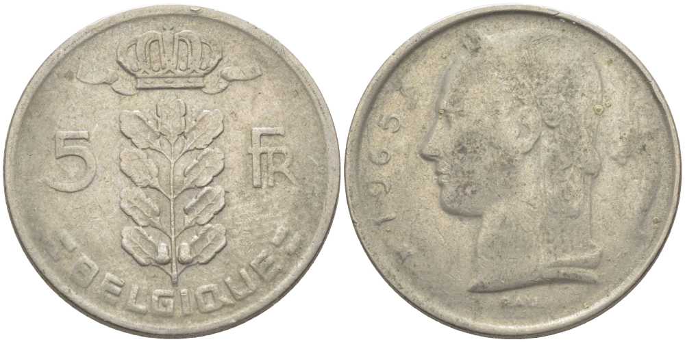 БЕЛЬГИЯ 5 ФРАНКОВ 1965 BELGIQUE, БОДУЭН I (1951-1993) KM 134.1 медно-никель 119-727