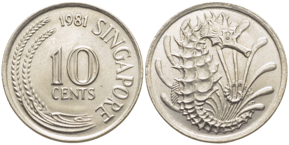 СИНГАПУР 10 ЦЕНТОВ 1981 МОРСКОЙ КОНЕК KM 3 алюминиевая бронза 105-1269