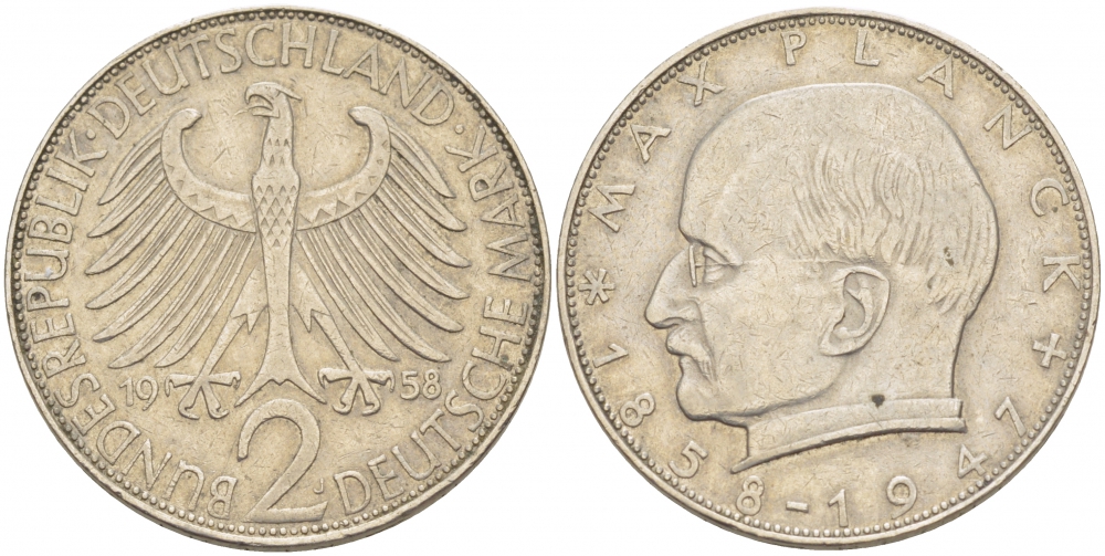 ФРГ 2 марки 1958 J, Макс Планк KM 116, J. 392 медно-никель плакированный никелем 3718-1035