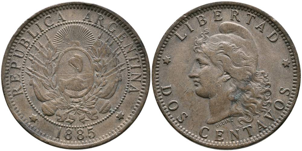 Аргентина 2 сентаво 1885 голова свободы влево KM 8 бронза 4531-533