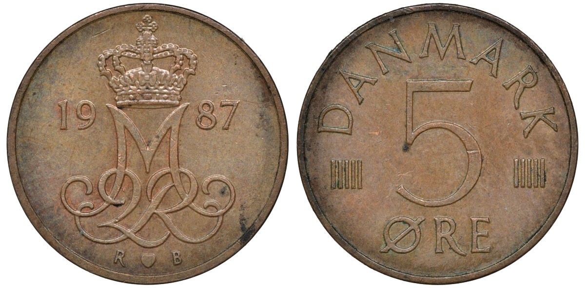 ДАНИЯ 5 ЭРЕ 1987 R; B, МАРГРЕТЕ II (1972-) KM 859.3 железо плакированное медью 72-1628