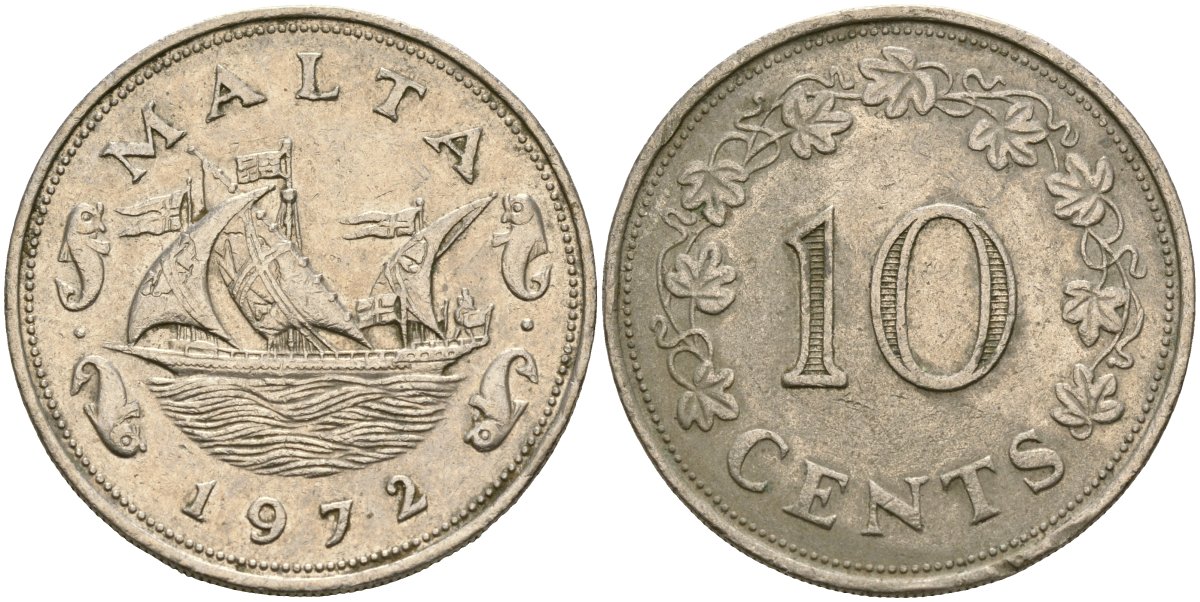 Мальта 10 центов 1972 баржа Великого магистра KM 11 медно-никель 4137-834