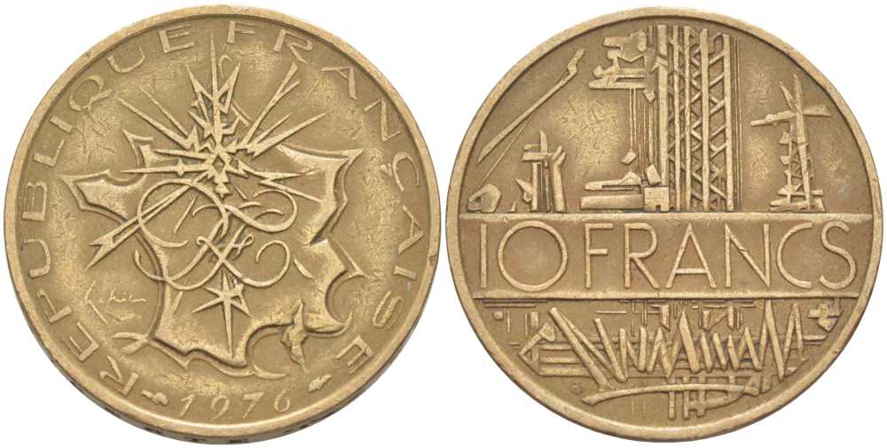 Франция 10 франков 1976 тип Матье KM 940, Le Franc 365.7-8 никель латунь 111-943