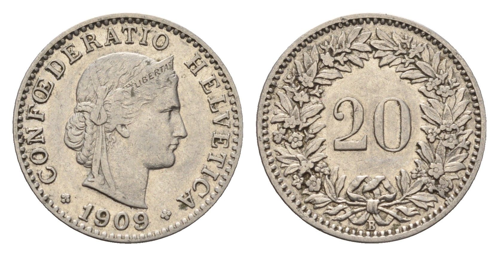 Швейцария 20 раппенов 1909 KM 29 никель 4685-264
