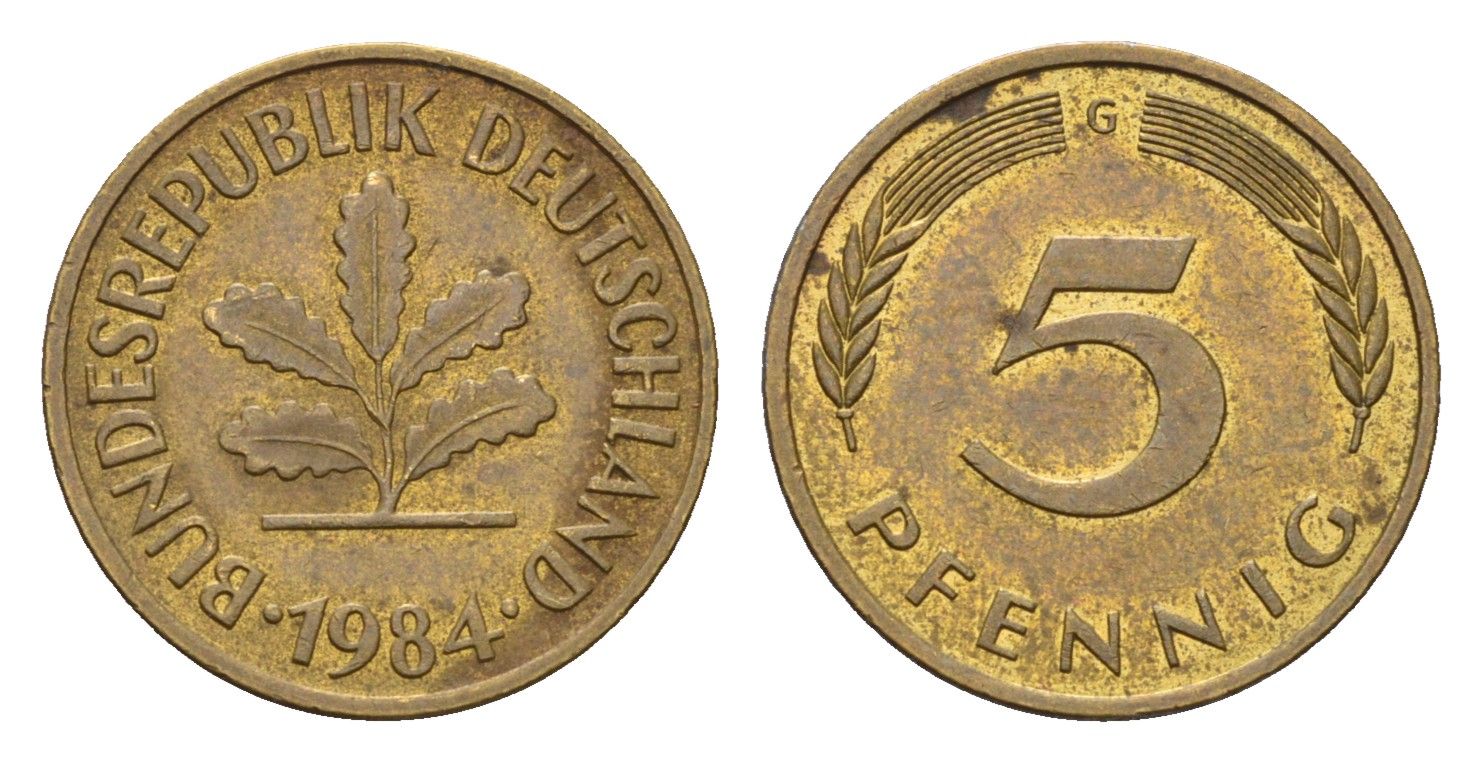 ФРГ 5 пфеннигов 1984 G KM 107, J. 382 сталь плакированная латунью 4684-1166
