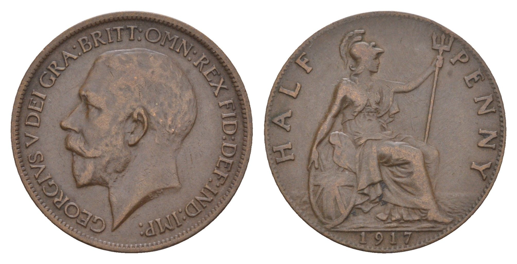 Великобритания 1/2 пенни 1917 Георг V (1910-1936) KM 809, Spink 4056 бронза 4657-626
