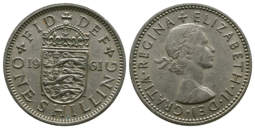 Великобритания 1 шиллинг 1961 Елизавета II (1952-2022), Английский герб KM 904, Spink 4147 медно-никель 4384-436
