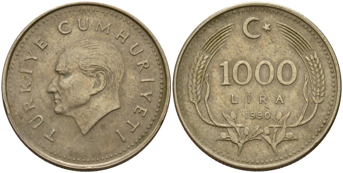 Турция 1000 лир 1990 Кемаль Ататюрк KM 997 медь цинк никель 4156-832