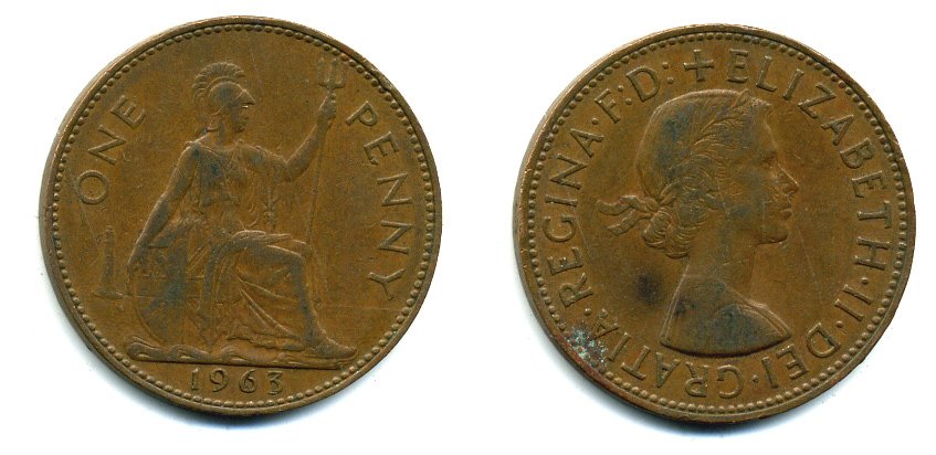 Великобритания 1 пенни 1963 Елизавета II (1952-2022) KM 897, Spink 4157 бронза 57-934