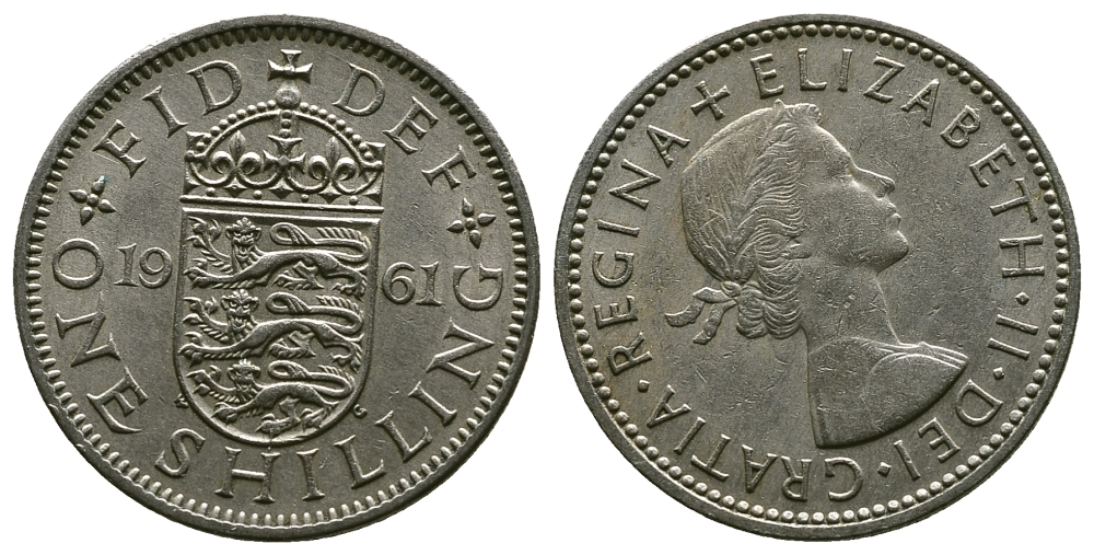Великобритания 1 шиллинг 1961 Елизавета II (1952-2022), Английский герб KM 904, Spink 4147 медно-никель 4384-427