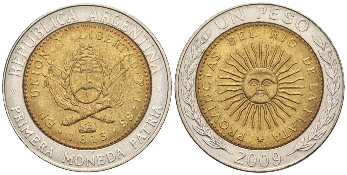 Аргентина 1 песо 2009 D, майское солнце, 8 эскудо 1813 KM 112.1, CJ 6.16.2, Schon 113  биметалл    60-625