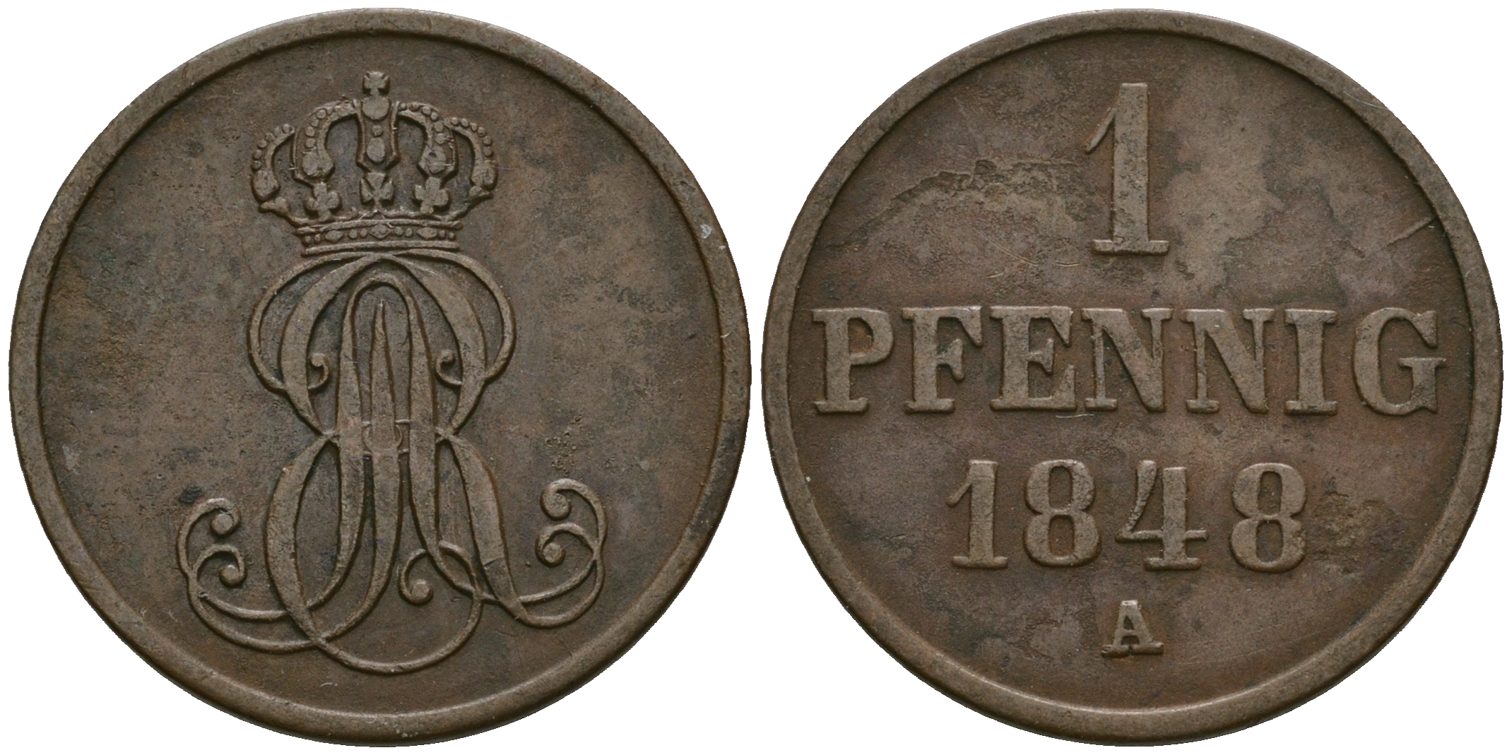 Ганновер 1 пфенниг 1848 A, Эрнст Август (1837-1851) KM 201.2, AKS 130, J. 74 медь 4608-1024