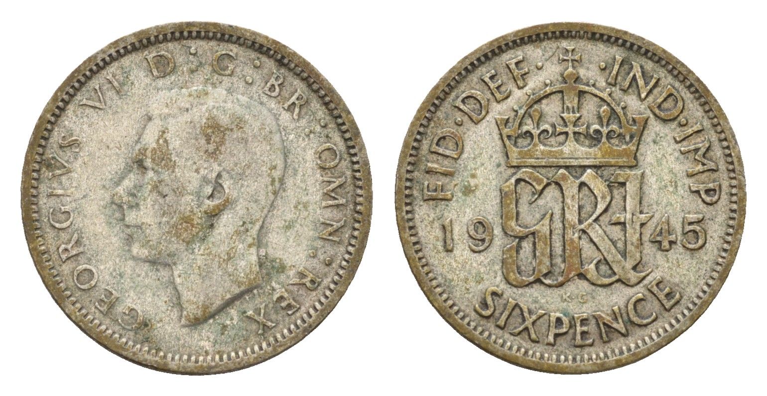 Великобритания 6 пенсов 1945 Георг VI (1936-1952) KM 852, Spink 4042 серебро 99-257