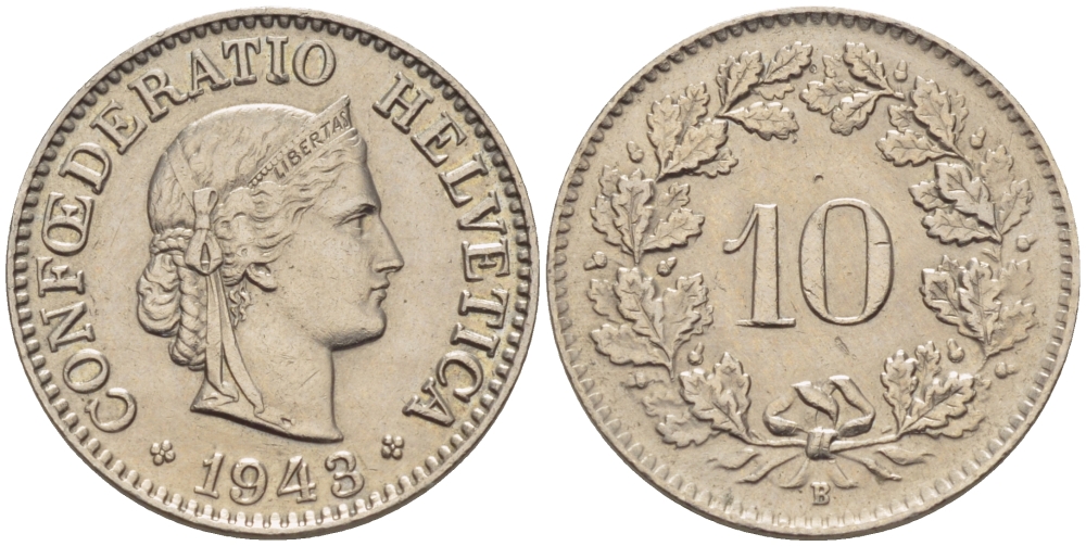 ШВЕЙЦАРИЯ 10 РАППЕНОВ 1943 В KM 27 медно-никель 31-1223