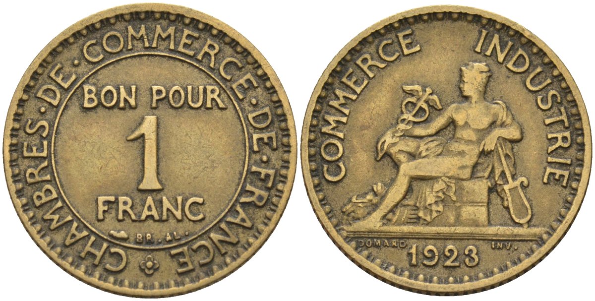 Франция 1 франк 1923 KM 876, Le Franc 218.5 алюминиевая бронза 4142-652