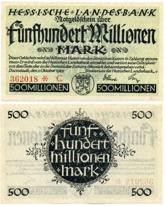 Германия, Дармштадт 500000000 марок (500 миллионов) 1923 1 октября 1923, нотгельд, земля Гессен, номер, снежинка, серия С, Hessesche Landesbank Keller 956е  бумага  аUNC  8613-21-1-2