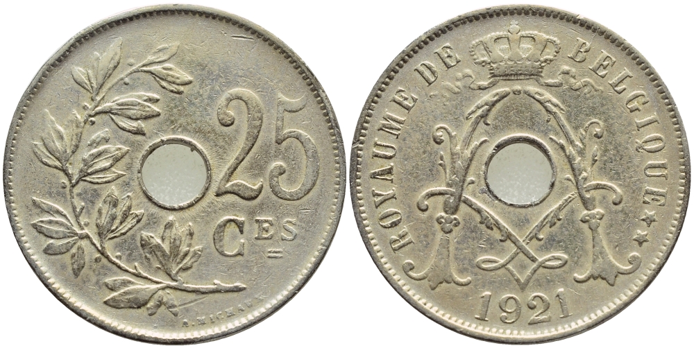 БЕЛЬГИЯ 25 САНТИМОВ 1921 BELGIQUE KM 68.1 медно-никель 86-952