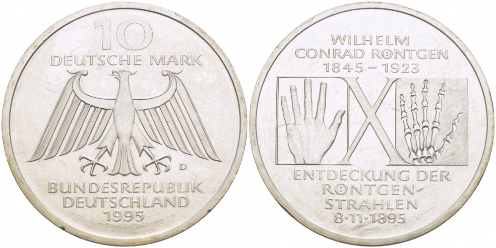 ФРГ 10 МАРОК 1995 D, 150 ЛЕТ СО ДНЯ РОЖДЕНИЯ ВИЛЬГЕЛЬМА КОНРАДА РЕНТГЕНА KM 187 серебро 650-215