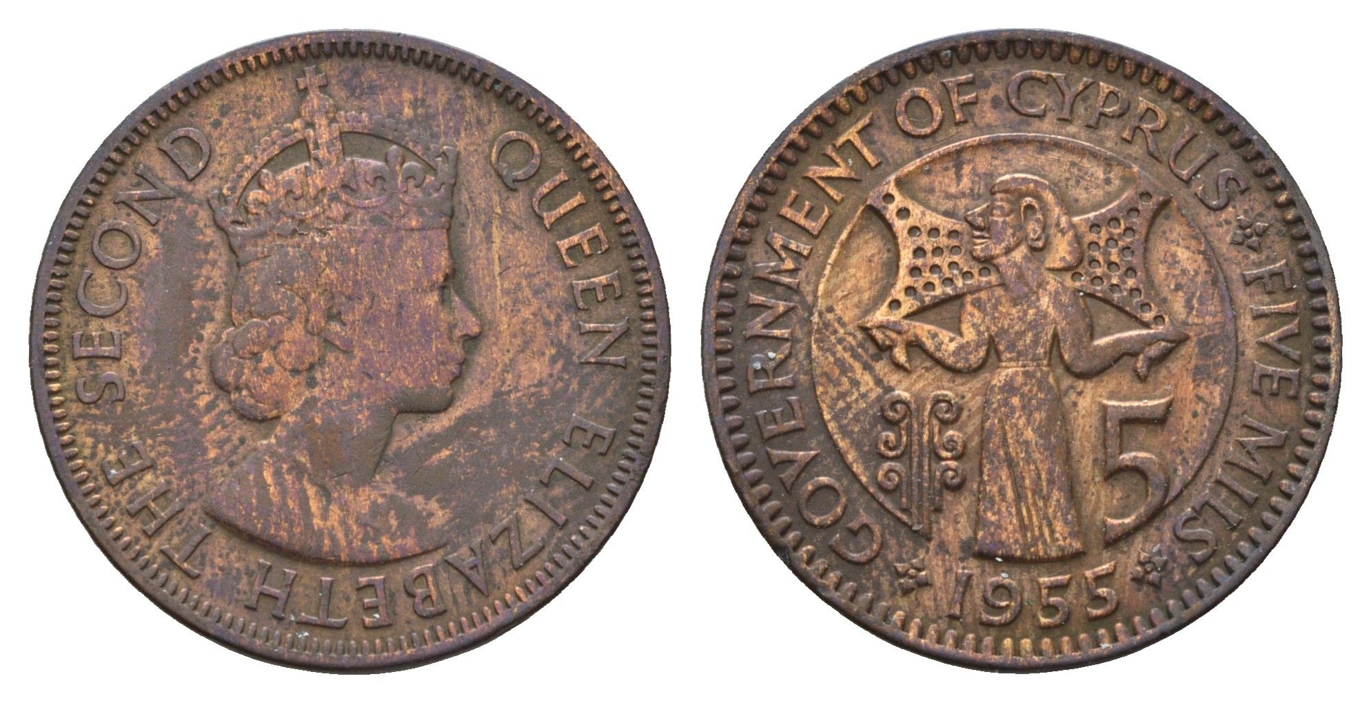 Кипр 5 милей 1955 Елизавета II (1952-2022) KM 34 бронза 4546-221