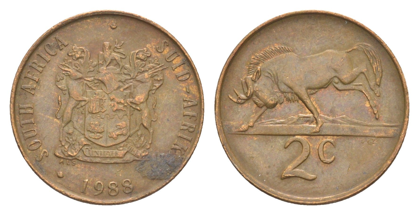 ЮАР 2 цента 1988 герб, антилопа гну KM 83 бронза 4621-165