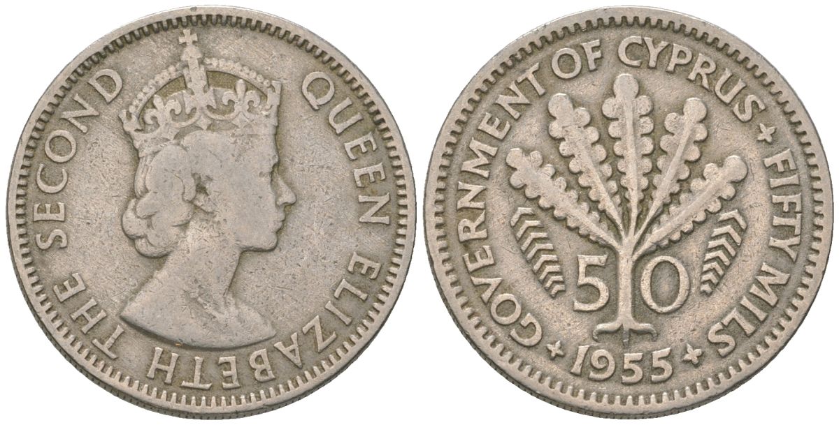 Кипр 50 милей 1955 Елизавета II (1952-2022) KM 36 медно-никель 4601-324