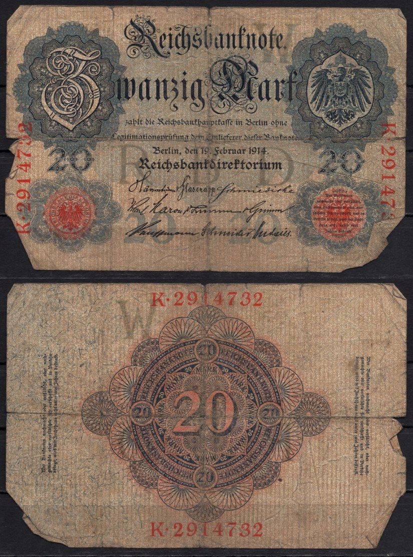 Германия 20 марок 1914 Pick 46b бумага 6293-58-2-2