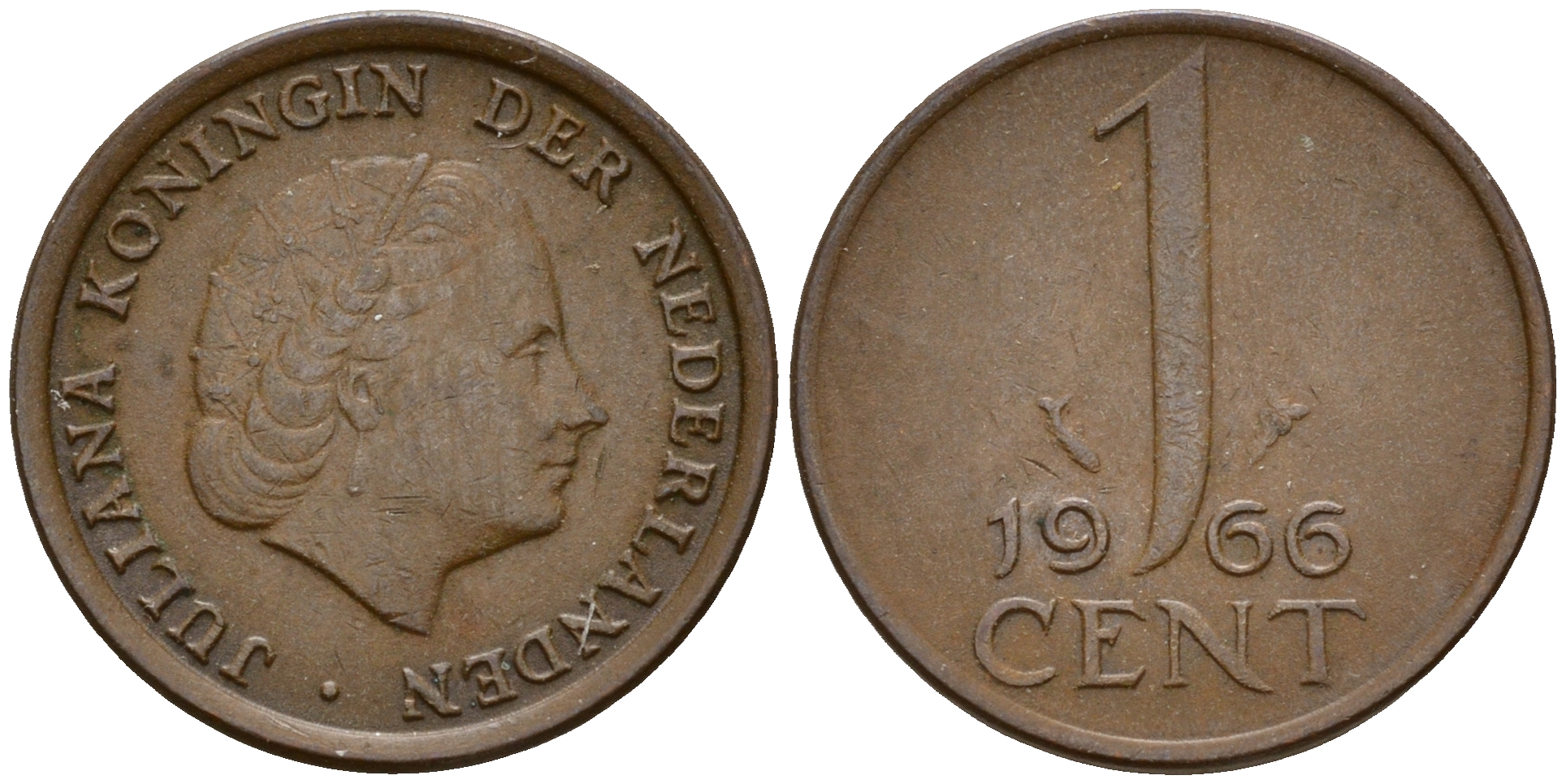 Нидерланды 1 цент 1966 Юлиана (1949-1980) small data KM 180 бронза    4598-247