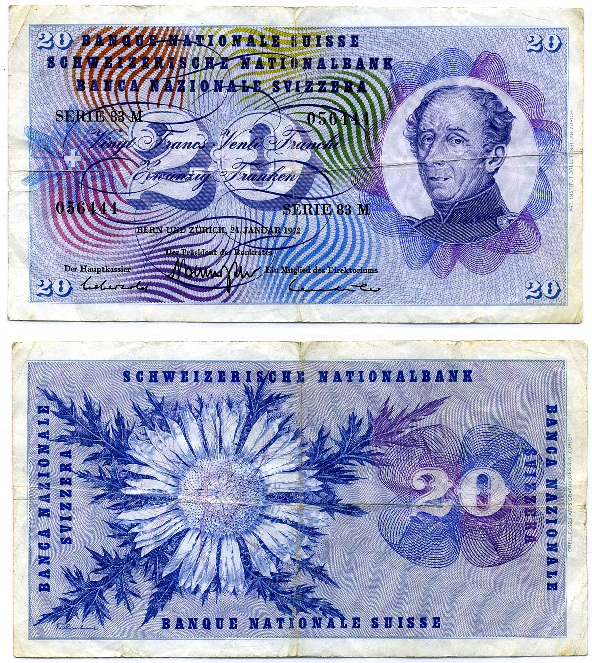 Швейцария 20 франков 1972 Цюрих 24 января 1972, подпись 42, генерал Гийон-Анри Дюфур Pick 46t  бумага   7548-86-3-1