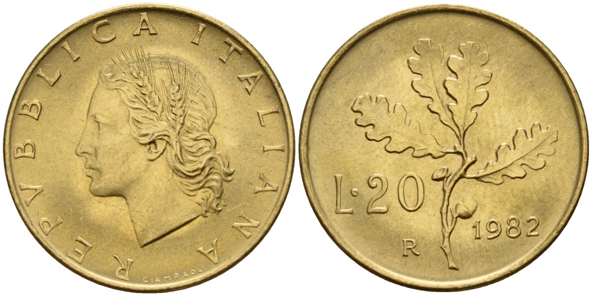 Италия 20 лир 1982 R, дубовые листья KM 97.2 алюминиевая бронза 4163-736