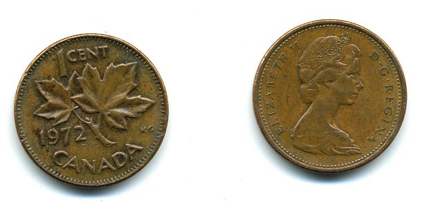 Канада 1 цент 1972 Елизавета II (1952-2022), кленовый лист KM 59.1 бронза 37-245