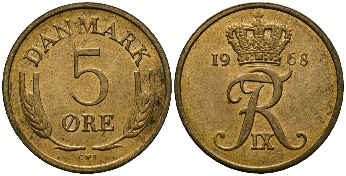 Дания 5 эре 1968 C; S, Фредерик IX (1947-1972) KM 848 бронза 4138-841
