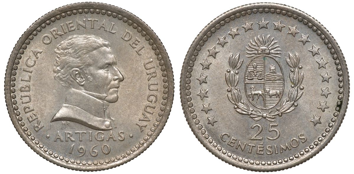 Уругвай 25 сентесимо 1960 KM 40 медно-никель 4169-764
