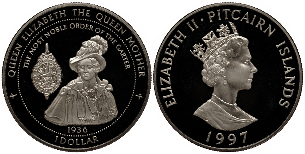 Остров Питкерн 1 доллар 1997 Королева Елизавета - Королева мать, в оригинальном картонном буклете, тираж 10000 экземпляров KM 10 медно-никель  PROOF 7-5-6-16