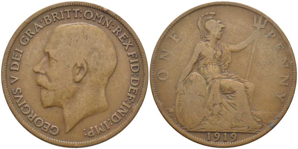 Великобритания 1 пенни 1919 Георг V (1910-1936) KM 810, Spink 4051 бронза 115-134