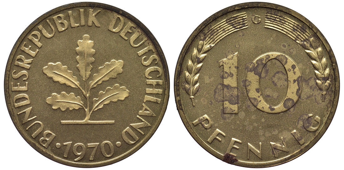 ФРГ 10 пфеннигов 1970 G KM 108, J.383 сталь плакированная латунью PROOF 1099-4-35